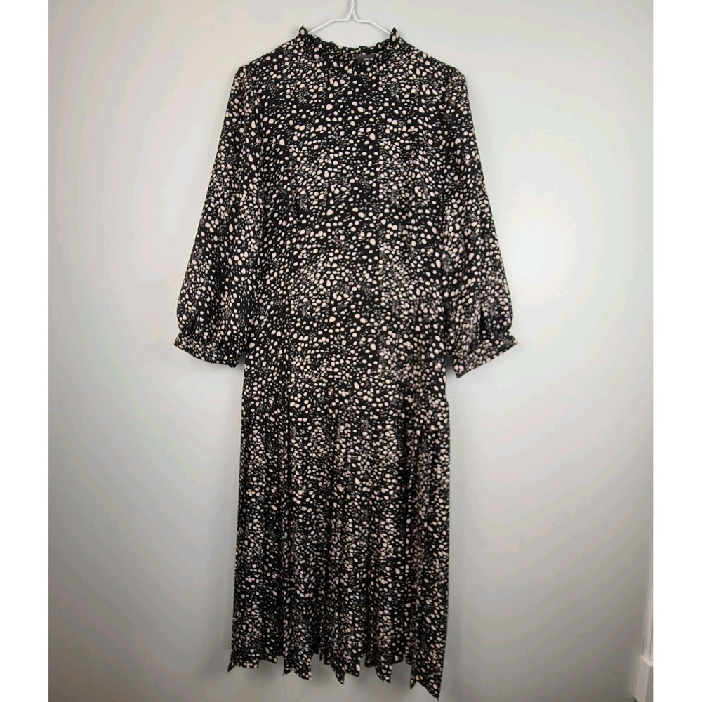 Primark Black And Cream Pattern Midi Dress Sz 8 Semi Sheer Cottagecore High Neck